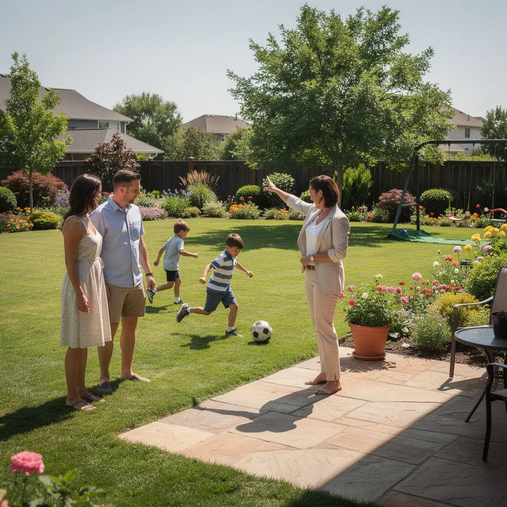 Rodzina spędzająca czas w przestronnym ogrodzie, ciesząca się wspólnymi chwilami.