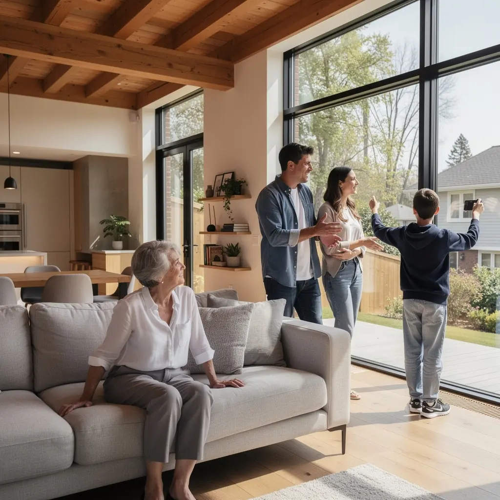 Ilustracja ukazująca jasną sypialnię z dużymi oknami, tworzącą przyjemną atmosferę.