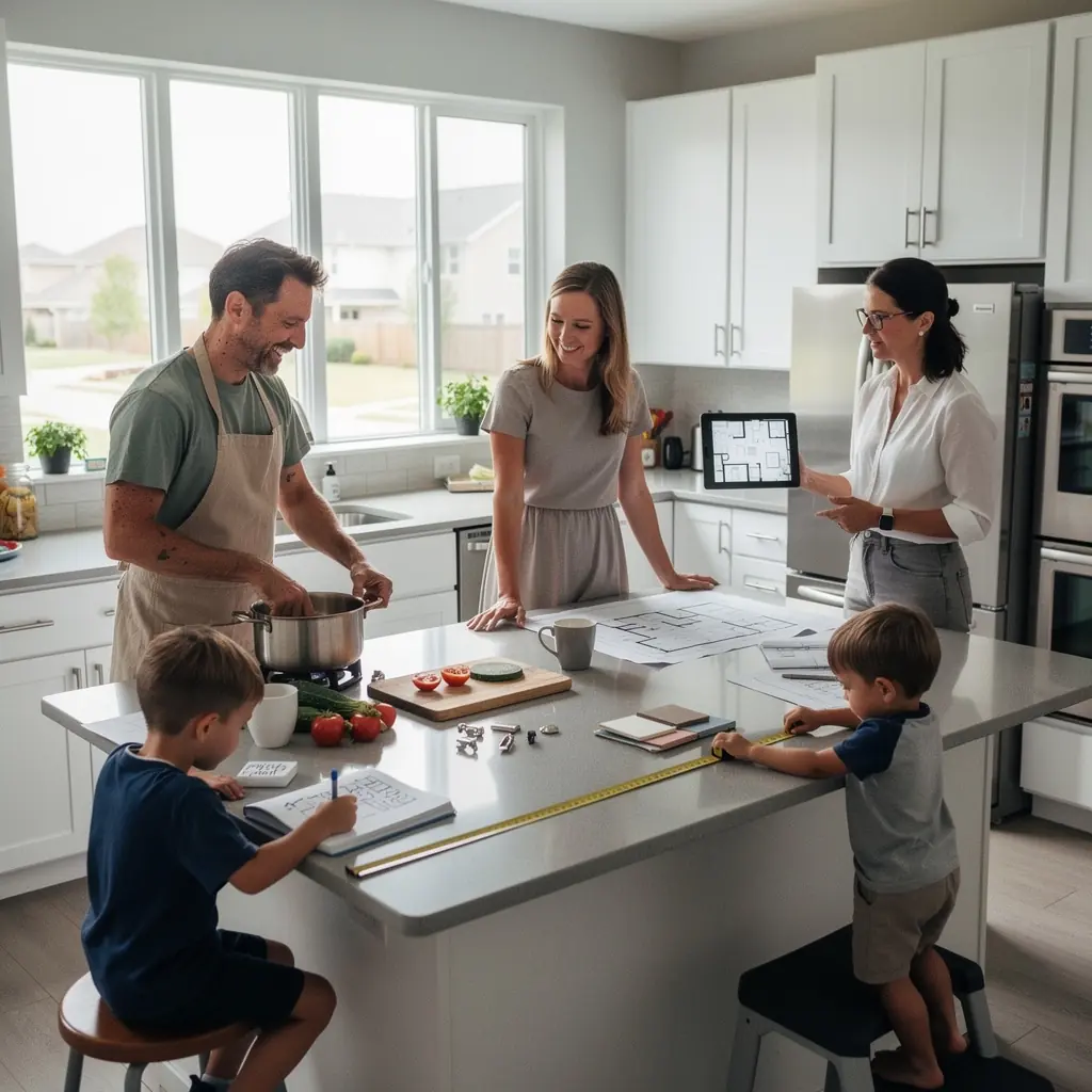 Obrazek przedstawiający nowoczesną kuchnię z dużą przestrzenią roboczą, doskonałą dla rodzin.