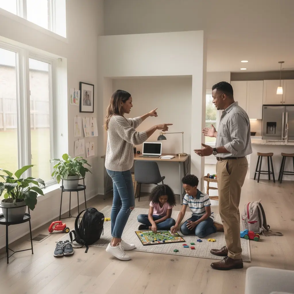 Widok na przestronny salon z dużymi oknami i wygodnymi meblami.