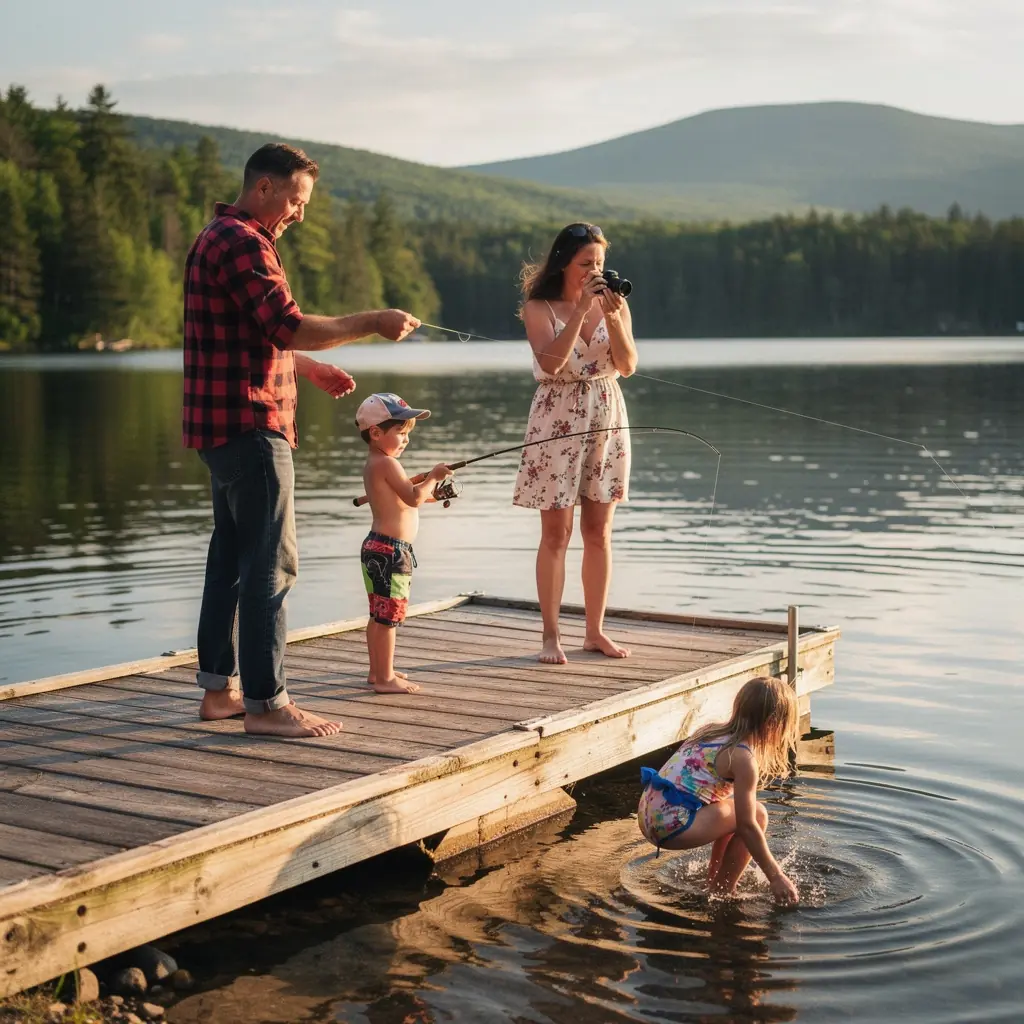 Rodzina planująca podróż przy stole, otoczona mapami i przewodnikami.