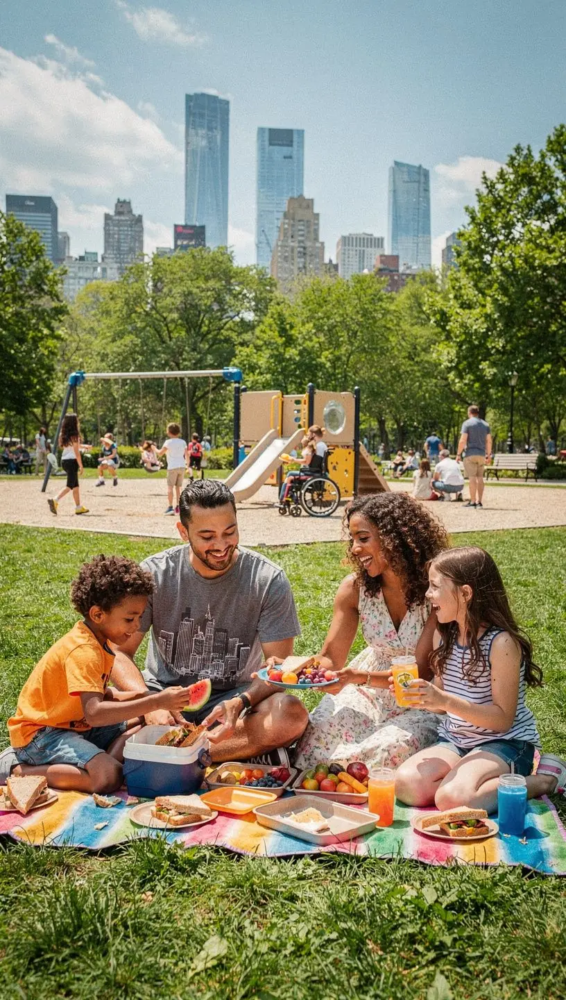 Przewodnik turystyczny pokazujący rodzinie mapę z atrakcjami dostosowanymi do potrzeb osób z niepełnosprawnościami.