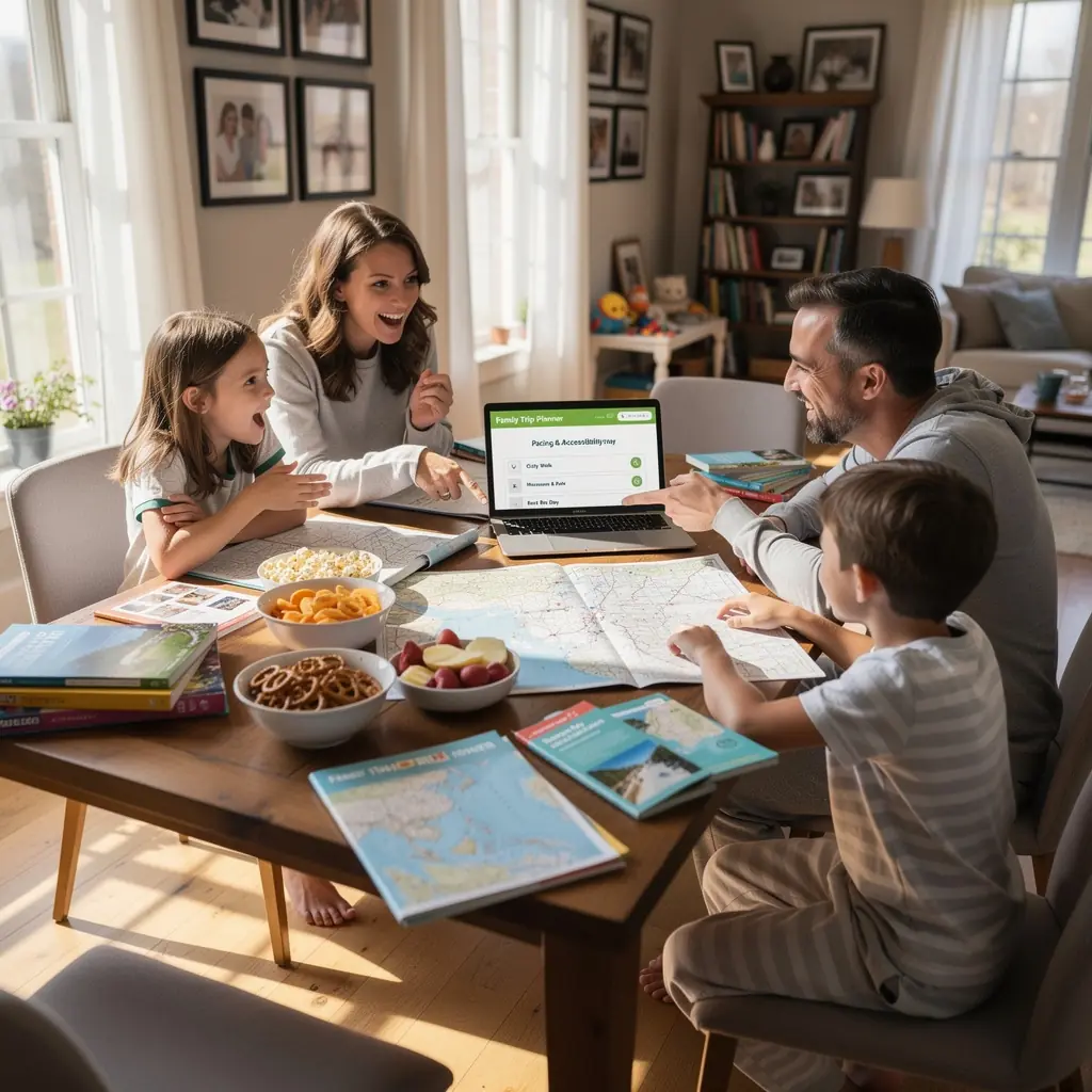 Dzieci bawiące się w parku rozrywki, korzystające z atrakcji przystosowanych do różnych potrzeb.
